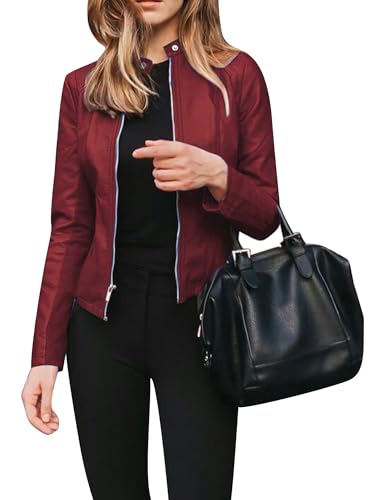 ensswliz Damen Mode Kurz Slim Lederjacke Klassischer Stehkragen Langarm Full Zip Up Kunstleder Moto Jacke Herbst Langarm Mantel, weinrot, S von ensswliz