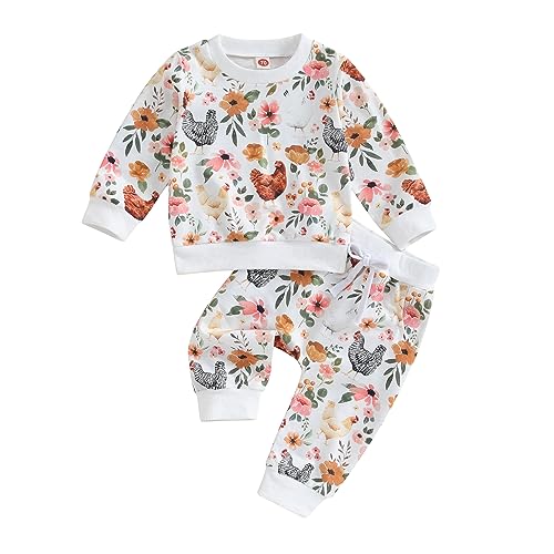 ensswliz Kleinkind Baby Mädchen Bauernhof Outfit Küken & Blumen Druck Langarm Sweatshirt + Jogginghose mit elastischer Taille Set Herbst Winter 2-teiliges Set Kleidung, A-weiß, 0-6 Months von ensswliz