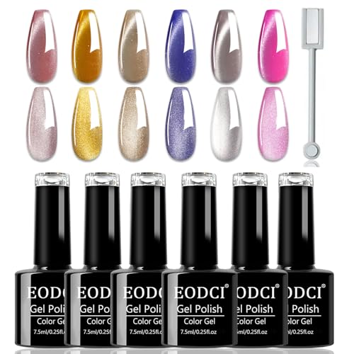 EODCI Cat Eye UV Nagellack, 6 Farben Jelly Gel Nagellack mit Magnet, Cateye UV Gel Nail Polish mit Magnetstiften Set Cat Eye Soak Off DIY Set, 7.5 ml von eodci