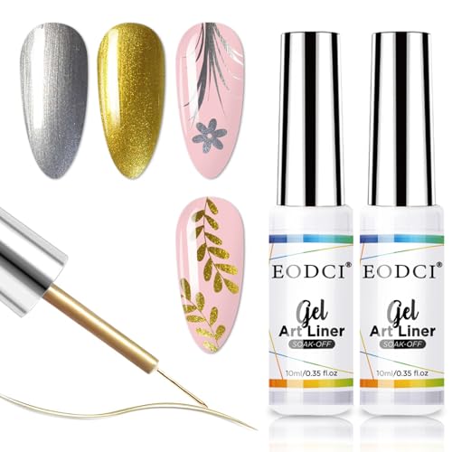 EODCI 2Pcs Gold & Silber Gel Liner Nail Art, Nail Polish Nageldesign Set Farbgel für Gelnägel Eingebauter Dünner Französisch Sparkly Shiny Gel Nagellack für Nagel Design, DIY Drawing Line von eodci