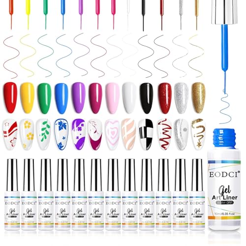 EODCI Gel Liner Nail Polish 12 Farben Nagellack, Schwarz Rot Rosa Gelb Grün Frühling Französisch Nagellack Set Nail Art Pinsel UV Gel Starterset für DIY-Maniküre Frauen Mädchen von eodci