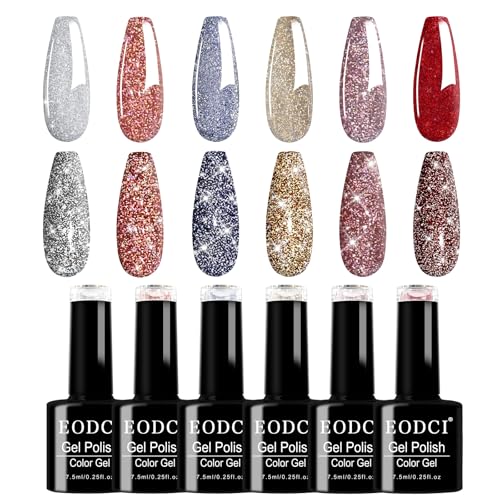 EODCI UV Gel Nagellack Glitzer, 6 Farben Gold Rot Silber Nagelgel Set, Nagelgel Shiny Reflective Glitter Gel Nail Polish Gelnägel für DIY Nail Art Maniküre Salon von eodci