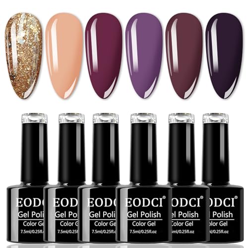 Eodci Coffee Cafe Collection 6 Farben Nudes Sparkle Golden Glitters Gel Nagellack, UV LED Braun Soak Off Nagellack Gel, Purple Soak-Off Nail Polish Maniküre Set für Anfänger Art Salon von eodci