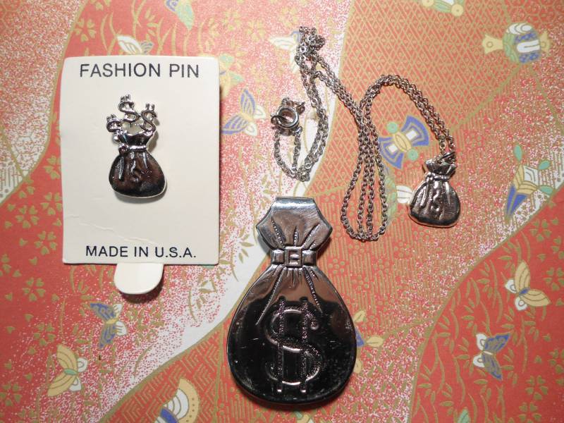 1 Satz Versilbert Geld Clip, Halskette Und Pin von epicvintagejewelry