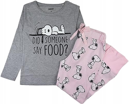 Mädchen lang Schlafanzug Zweiteilig 100% Baumwolle Kinder Langarm Pyjama Freizeitanzug Pyjama Set mit Motiven im Stil von Snoopy Gr. 134-164cm (DE/NL/SE/PL, Numerisch, 134, Regular, Grau-Rosa) von eplusm