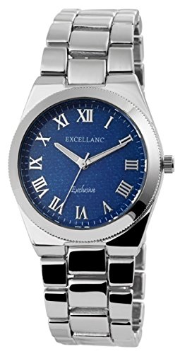 Excellanc Damen Analog Armbanduhr mit Quarzwerk 180623000004 und Metallgehäuse mit Metallarmband in Silberfarbig und Faltschließe Ziffernblattfarbe blau Bandgesamtlänge 19 cm Armbandbreite 24 mm von Excellanc