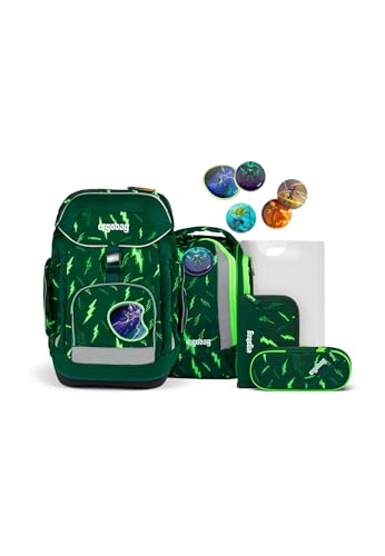 ergobag maxi set 6-teilig, ergonomischer Schulrucksack Grundschule für Mädchen und Jungen, ideal für große Kinder ab der 1. Klasse Bärtastisch - Grün von ergobag