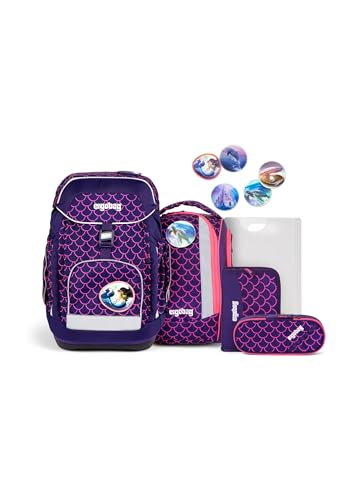 ergobag maxi set 6-teilig, ergonomischer Schulrucksack Grundschule für Mädchen und Jungen, ideal für große Kinder ab der 1. Klasse PerlentauchBär - Lila von ergobag