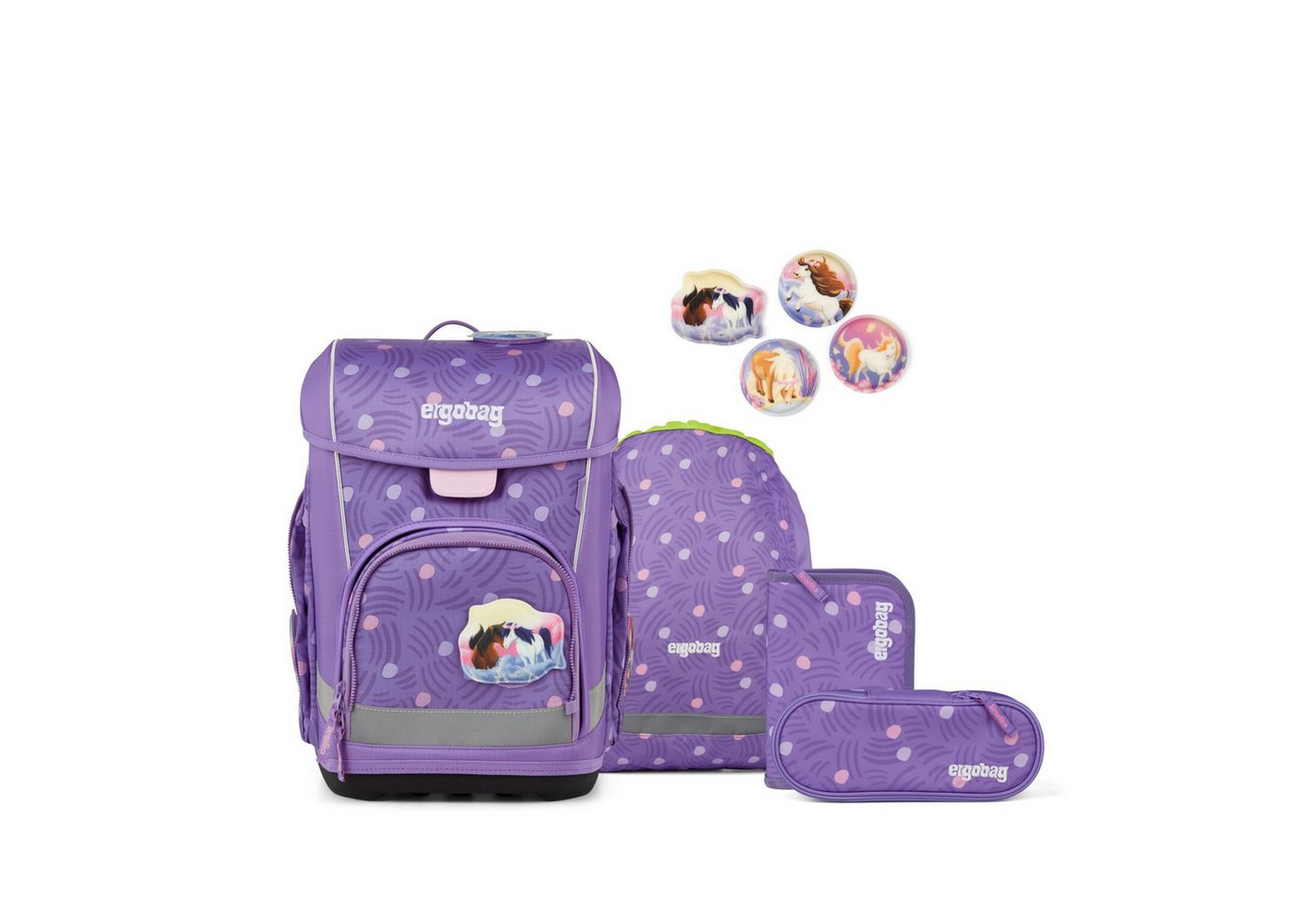 ergobag Schulranzen Schulranzen-Set CUBO LIGHT PonyBäradies 5-teilig (5-teilig), Superleicht, Hugging-Rückensystem, für kleine/schmale Kinder von ergobag