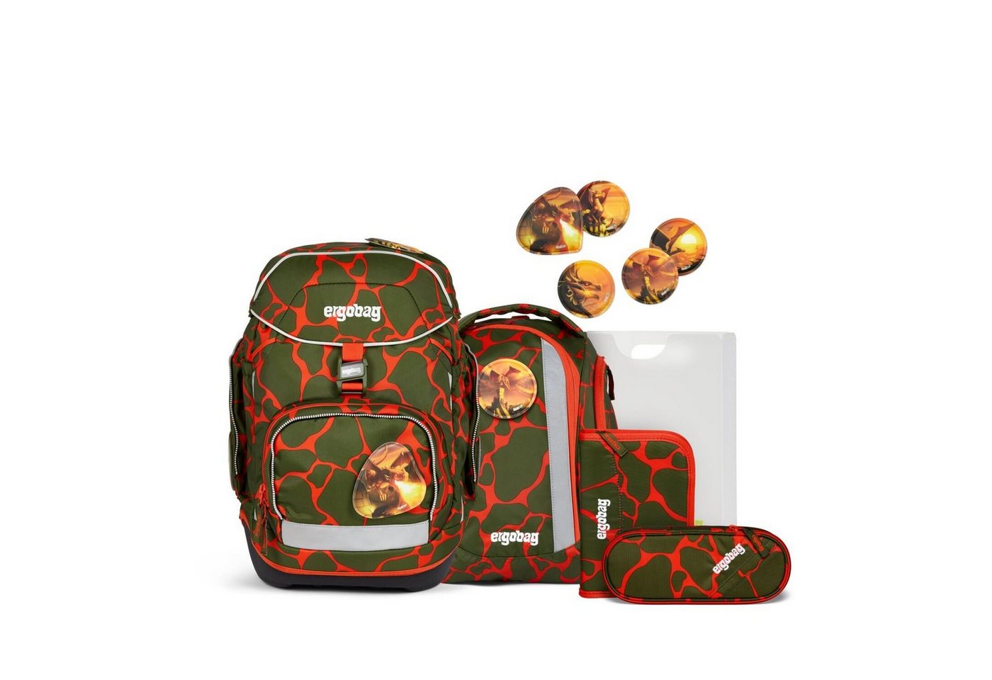 ergobag Schulranzen Schulranzen-Set Pack FeuerspeiBär 6-tlg. (6-teilig), ergonomisch, ab 1. Klasse, reflektiert von ergobag