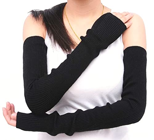 Damen Strickhandschuhe Lange Fingerlose Winterhandschuhe Wollmischung Armstulpen Ellenbogenlänge Lange Fingerlose Handschuhe Thermo rutschfeste Armstulpen Fingerlose Fäustlinge(schwarz) von ericotry