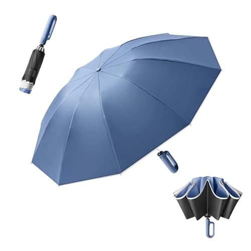 Umgekehrter Reverse Golf Regenschirm 10 Rippen groß–Automatisches Öffnen/Schließen, Umbrella, Karabinergriff Herren und Damen,UV Schutz Sonnenschirm Taschenschirm UPF 50 Reflektoren Am Rand von erised's bifrost