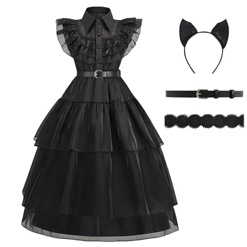 Wednesday Kostüm Mittwochskostüm für Kinder Gothic Kleid Kostüm Kinder Schwarz Tüllrock Kleid mit Perücke Gürtel und Socken Wednesday Kleid Halloween Karneval Fasching Cosplay Party von errcom