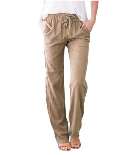 errcom Damen Hose Leinenhose Baumwolle Leinen Stoffhose Freizeithose Sommerhose Yogahose Casual Einfarbig Hippie High Waist Hose Stretch mit Taschen Kleidung Sommer Strandhosen von errcom