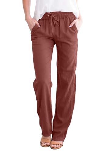 errcom Damen Hose Leinenhose Baumwolle Leinen Stoffhose Freizeithose Sommerhose Yogahose Casual Einfarbig Hippie High Waist Hose Stretch mit Taschen Kleidung Sommer Strandhosen von errcom