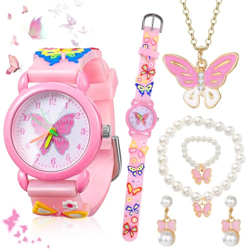 ertlutw Kinderuhren für Mädchen, Kinder Uhr Schmetterling Armbanduhr 3D Cartoon Mädchenuhr Nette Armbanduhr Kinder Analoge Quarzuhr wasserdichte Kinderuhr Kinderuhren mit Schmuckset für 3-10 Jahre von ertlutw
