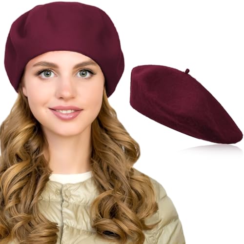 ertlutw Klassische Französischen Barett, Baskenmütze Damen, Plain Wolle Baskenmütze Damen, Barett Bordeaux, Künstler Mütze Mode Basken Rot für Frühling Herbst Winter 56-58cm von ertlutw
