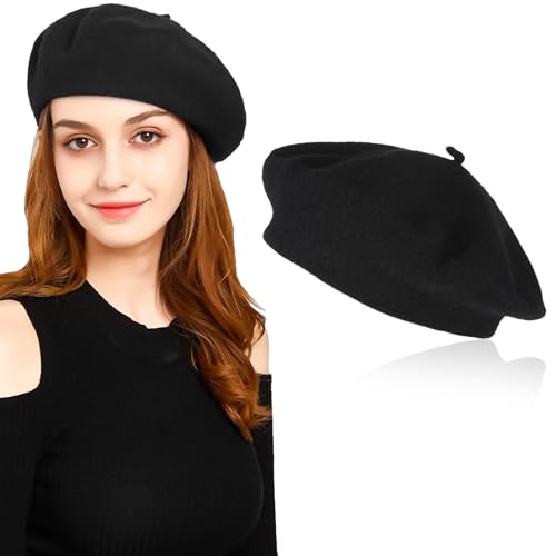 Klassische Französischen Barett Damen, Plain Wolle Baskenmütze Damen, Baskenmütze Im Französische Stil, Künstler Mütze Mode Basken Barett Schwarz für Frühling Herbst Winter Schwarz 56-58cm (Schwarz) von ertlutw