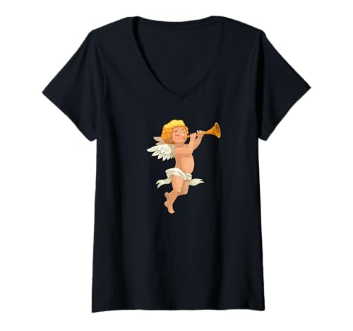 Damen Amor Stil Engel spielt Trompete T-Shirt mit V-Ausschnitt von es designs