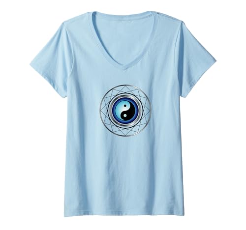 Damen Blaues Yin-Yang im geometrischen Kreis-Design T-Shirt mit V-Ausschnitt von es designs