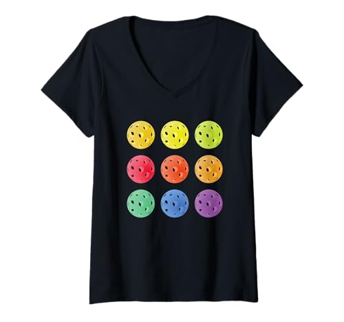 Damen Bunte Pickleball-Bälle T-Shirt mit V-Ausschnitt Damen Bunte Pickleball-Bälle T-Shirt mit V-Ausschnitt von es designs