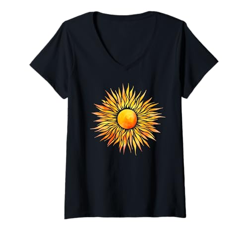 Damen Coole Sonne Aquarell Kunst T-Shirt mit V-Ausschnitt Damen Coole Sonne Aquarell Kunst T-Shirt mit V-Ausschnitt von es designs