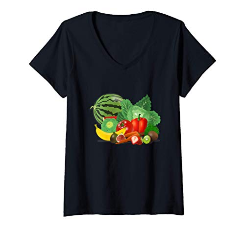 Damen Früchte Gemüse Ernährung T-Shirt mit V-Ausschnitt von es designs