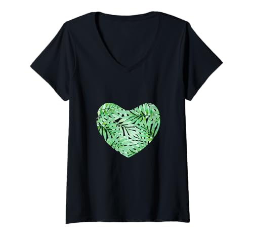 Damen Grüne Palmenblätter Herz T-Shirt mit V-Ausschnitt Damen Grüne Palmenblätter Herz T-Shirt mit V-Ausschnitt von es designs