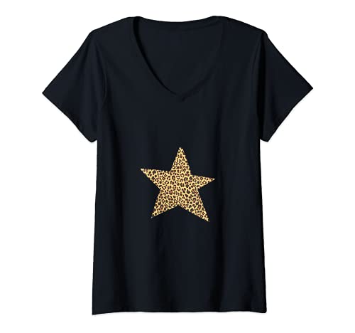 Damen Leopardenmuster Stern T-Shirt mit V-Ausschnitt von es designs