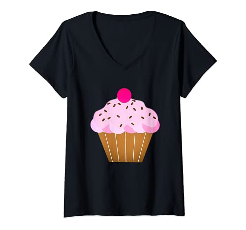 Damen Love Cupcakes Süßes Erdbeer-Leckerli, Rosa T-Shirt mit V-Ausschnitt von es designs