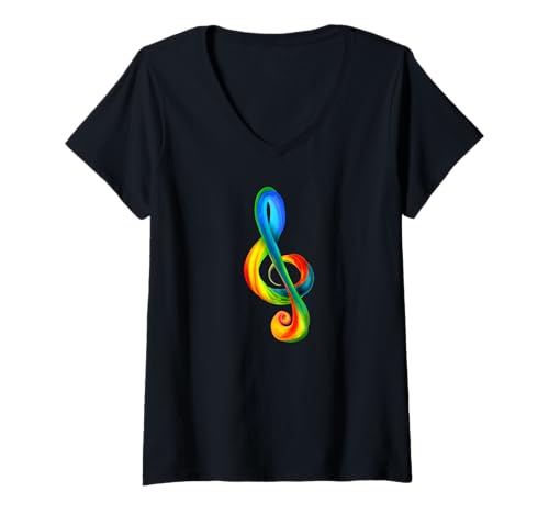 Damen Musik-Symbol in Regenbogenfarben mit Violinschlüssel T-Shirt mit V-Ausschnitt Damen Musik-Symbol in Regenbogenfarben mit Violinschlüssel T-Shirt mit V-Ausschnitt von es designs