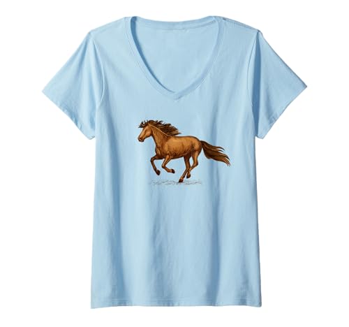 Damen Schönes braunes Pferd galoppierend T-Shirt mit V-Ausschnitt Damen Schönes braunes Pferd galoppierend T-Shirt mit V-Ausschnitt von es designs