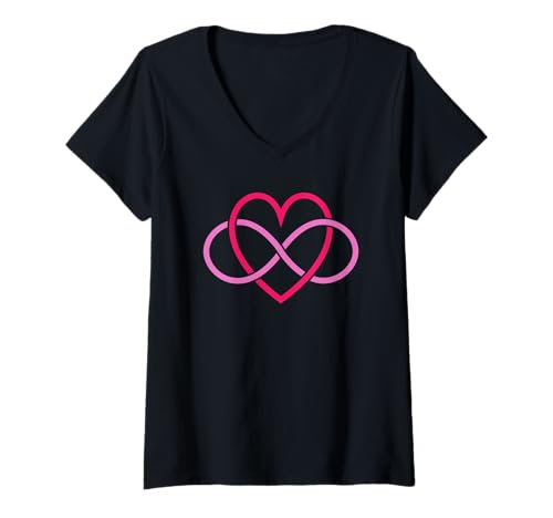 Damen Unendlichkeits-Herz-Symbol in Rosa und Rot – Ewige Liebe Design T-Shirt mit V-Ausschnitt von es designs