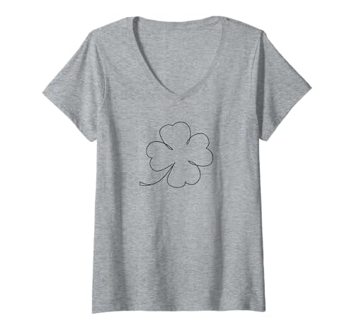 Damen Vierblättriges Kleeblatt einfache Konturzeichnung T-Shirt mit V-Ausschnitt Damen Vierblättriges Kleeblatt einfache Konturzeichnung T-Shirt mit V-Ausschnitt von es designs