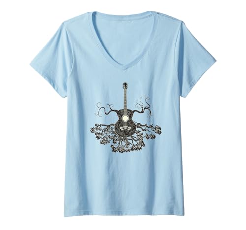 Damen Vintage Gitarre Silhouette mit Baumzweigen T-Shirt mit V-Ausschnitt Damen Vintage Gitarre Silhouette mit Baumzweigen T-Shirt mit V-Ausschnitt von es designs