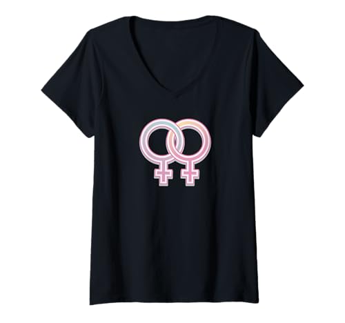 Damen Weibliche Symbole verzahnt – Liebe und LGBTQ-Stolz T-Shirt mit V-Ausschnitt von es designs