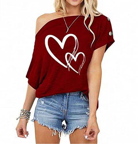 es-uk Damen Weiter U-Boot-Ausschnitt Kurzarm Herz Print Loose Fit T Shirts Tops, beere, XXL von es-uk