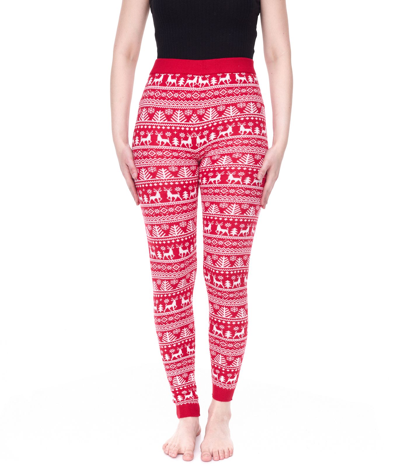 esmara Damen Leggings mit winterlichem Allover-Print Sweat-Hose Oeko-Tex 100 zertifiziert Homewear 424504_2301 Rot/Weiß von esmara