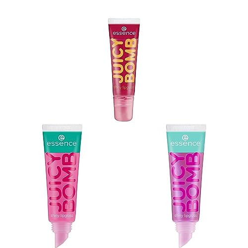 essence JUICY BOMB shiny Lip Gloss, Nr. 04 Crazy Cherry, rot + Nr. 102, Pink+ Nr. 105, Mehrfarbig, glänzend, strahlend frisch, schimmernd, vegan, ohne Alkohol, ohne Parabene - Bundle von essence cosmetics