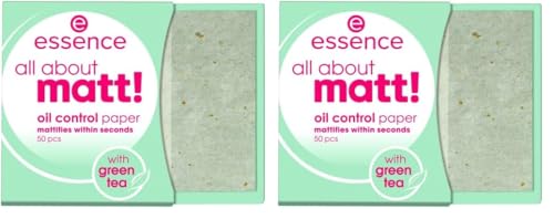 essence all about matt! oil control paper, mattierendes Papier, Puderpapier, transparent, glanzabsorbierend, matt, Nanopartikel frei, ohne Parfüm, ölfrei (50 Stück) (Packung mit 2) von essence cosmetics