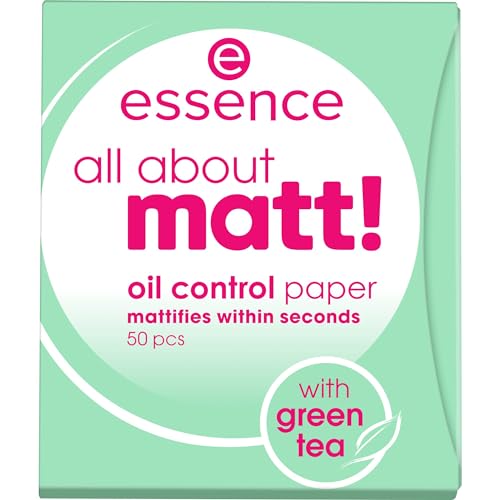 essence all about matt! oil control paper, mattierendes Papier, Puderpapier, transparent, glanzabsorbierend, matt, Nanopartikel frei, ohne Parfüm, ölfrei (50 Stück) von essence cosmetics