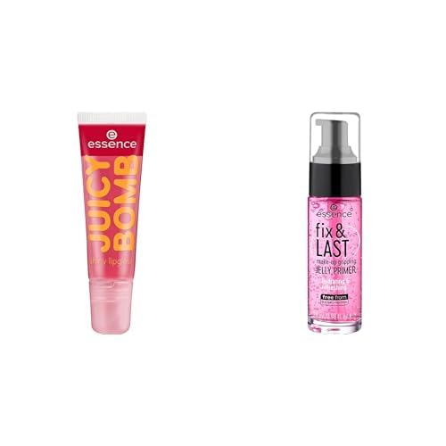 essence cosmetics JUICY BOMB shiny Lip Gloss, Nr. 04 Crazy Cherry, rot (10ml) + fix & LAST make-up gripping JELLY PRIMER, Pink, 1er Pack (29ml) - Bundle von essence cosmetics