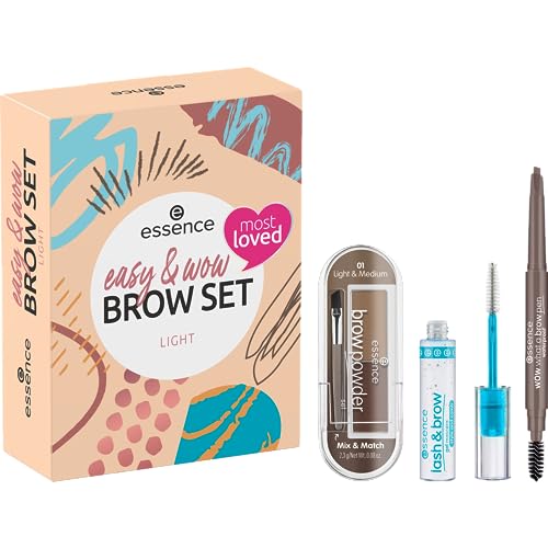 essence cosmetics easy & WOW brow set light, Augenbrauen Set, Make-Up, Geschenke für Frauen, vegan, ohne Mikroplastikpartikel, ohne Parfüm, 1er Pack (3pcs) von essence cosmetics