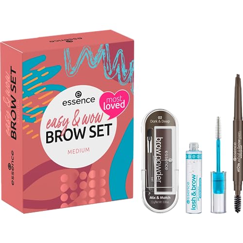 essence cosmetics easy & WOW brow set medium, Augenbrauen Set, Make-Up, Geschenke für Frauen, vegan, ohne Mikroplastikpartikel, ohne Parfüm, 1er Pack (3pcs) von essence cosmetics