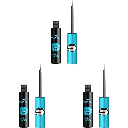 essence liquid ink eyeliner waterproof, Eye Liner, Nr. 01, schwarz, definierend, langanhaltend, wasserfest, vegan, ohne Parfüm (3ml) (Packung mit 3) von essence cosmetics