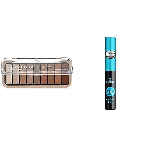 essence the NUDE edition eyeshadow palette, Lidschatten, Nr. 10, Nude (10g) + liquid ink eyeliner waterproof, Eye Liner, Nr. 01, schwarz (3ml) - Bundle von essence cosmetics