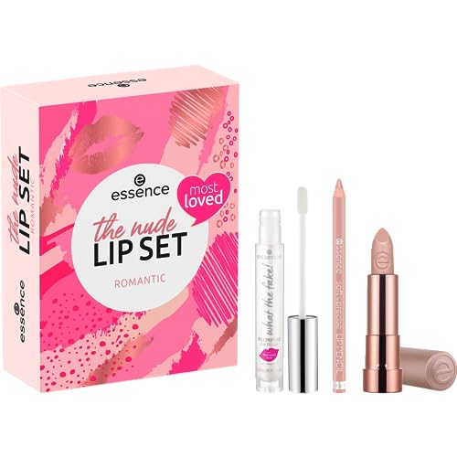 essence cosmetics the nude lip set romantic, Make-Up Geschenk Set für Frauen, Lippenstift, acetonfrei, vegan, ohne Mikroplastikpartikel, glutenfrei, 1er Pack (3pcs) von essence cosmetics