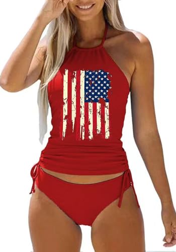 Zweiteiliges Tankini-Set für Damen, Kuh-Totenkopf mit Leopardenmuster, Bademode, Tankini-Top-Set, Bademode, Flagge Rot, Medium von essential cocoon