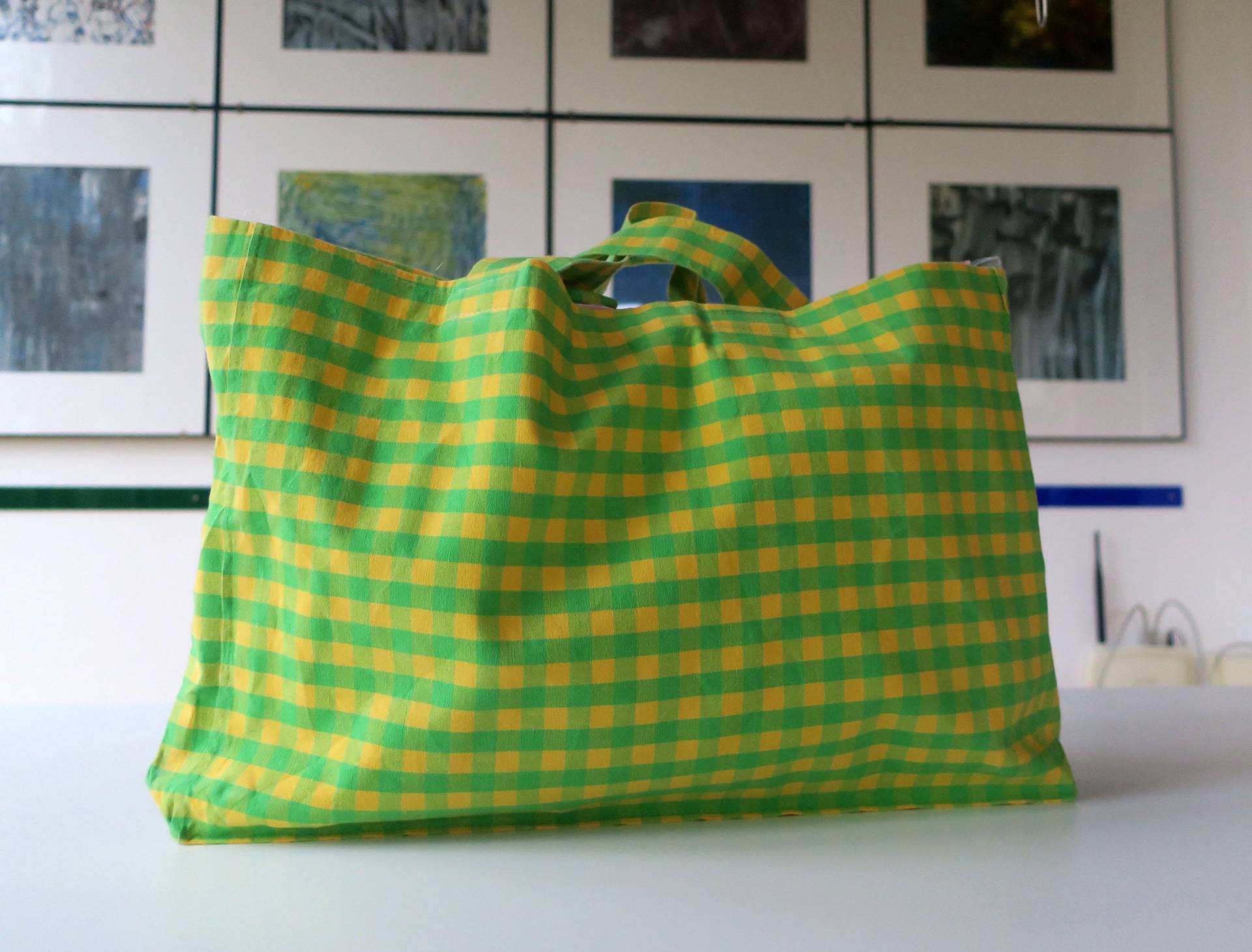 Vintage Stoffbeutel Tasche in Gelb-Grün-Karo von etage4vintage