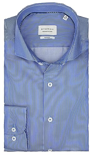 ETERNA Slim Fit Hemd Langarm 67cm | Reine Baumwolle | Hai Kragen| bügelfrei| Blau Weiß gestreift Gr. 40 von ETERNA